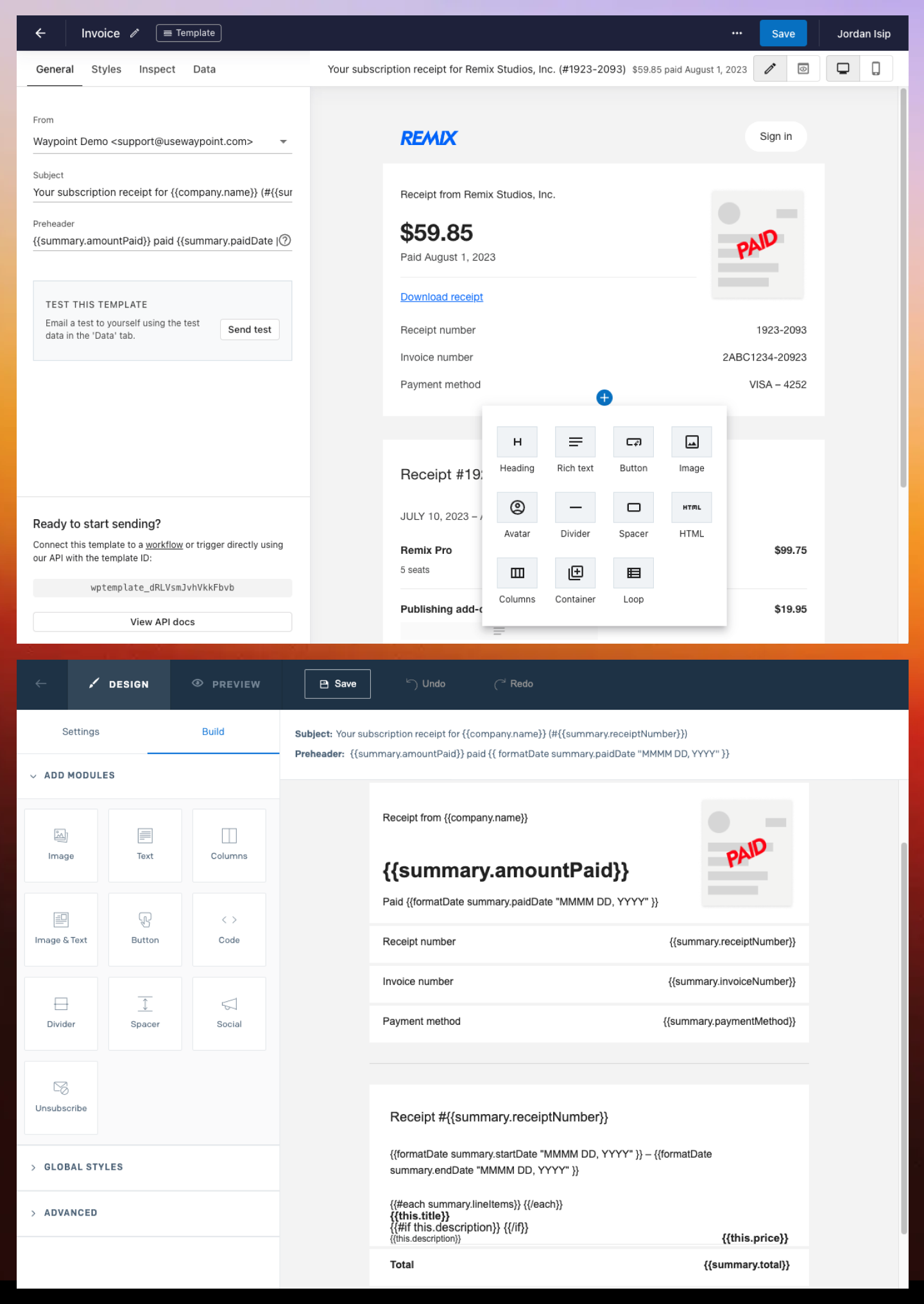 Screenshot of Waypoint vs SendGrid template builder